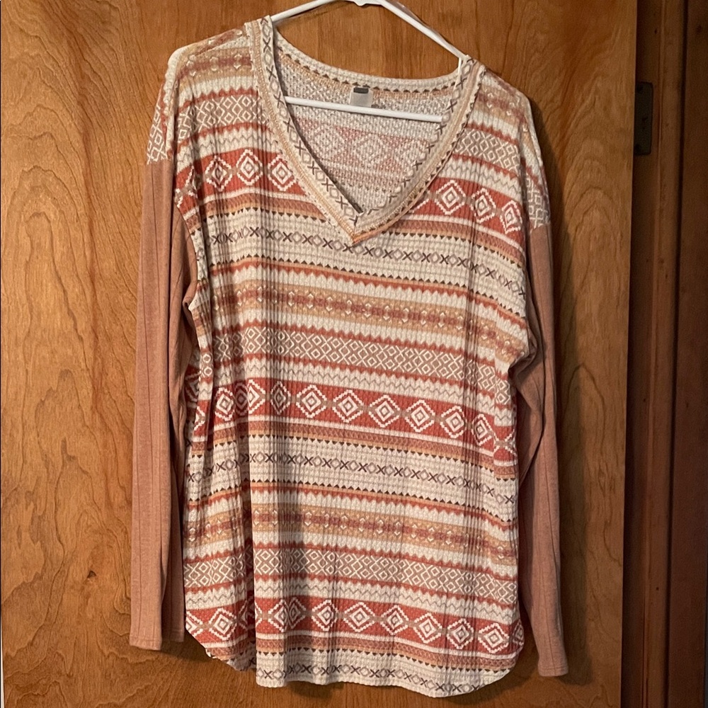 New! Honeyme Geometric V-Neck Long Sleeve Top in Cream and Brown, XL